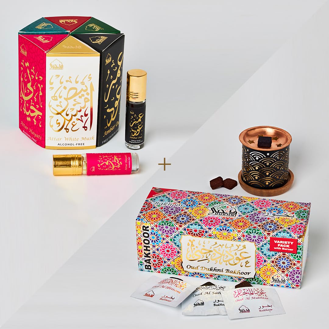Attar Oil and Bakhoor Gift Set - 6 x 6 ml Attar Oils, 10 Bakhoor Fragrances, Burner and Tealight