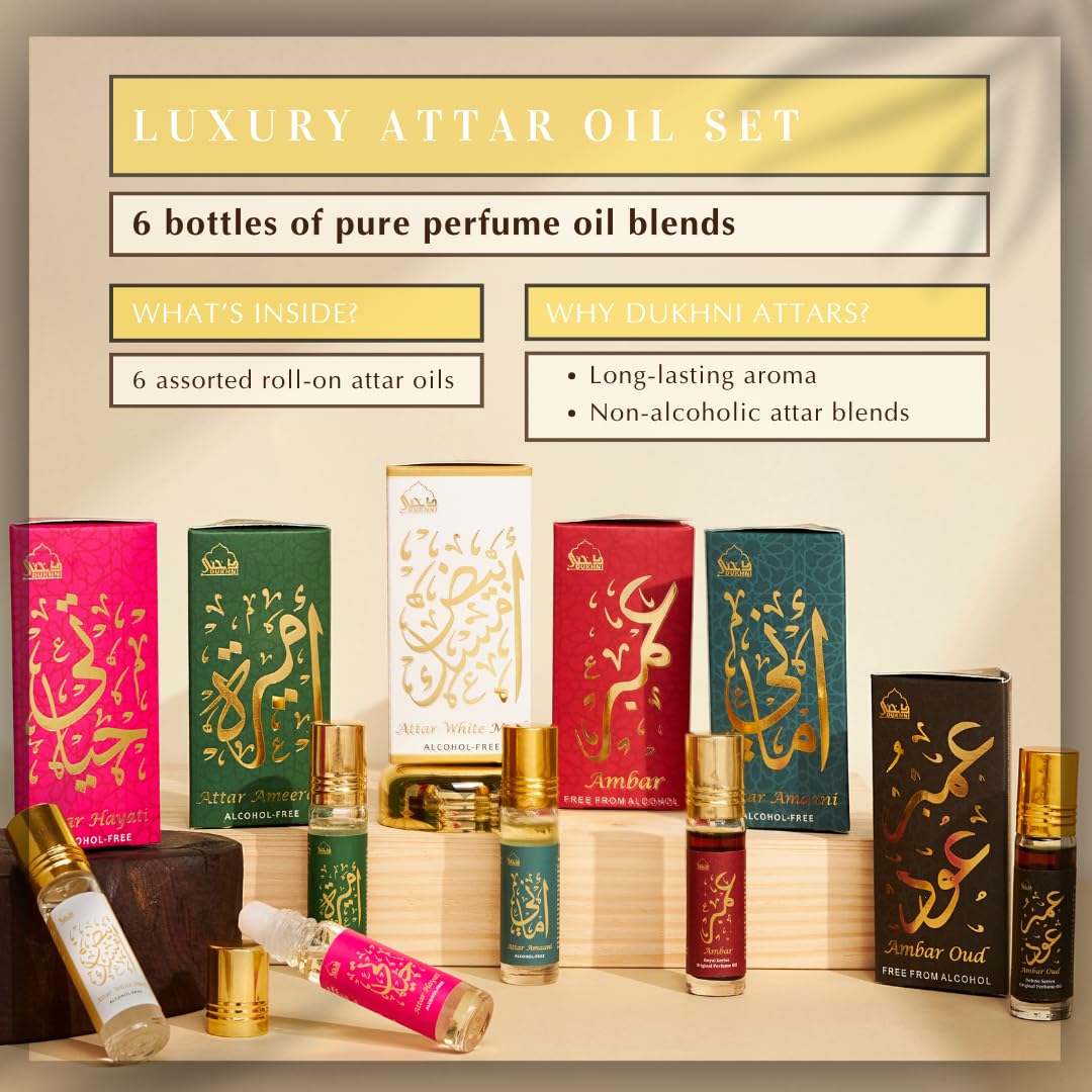 Attar Oil and Bakhoor Gift Set - 6 x 6 ml Attar Oils, 10 Bakhoor Fragrances, Burner and Tealight