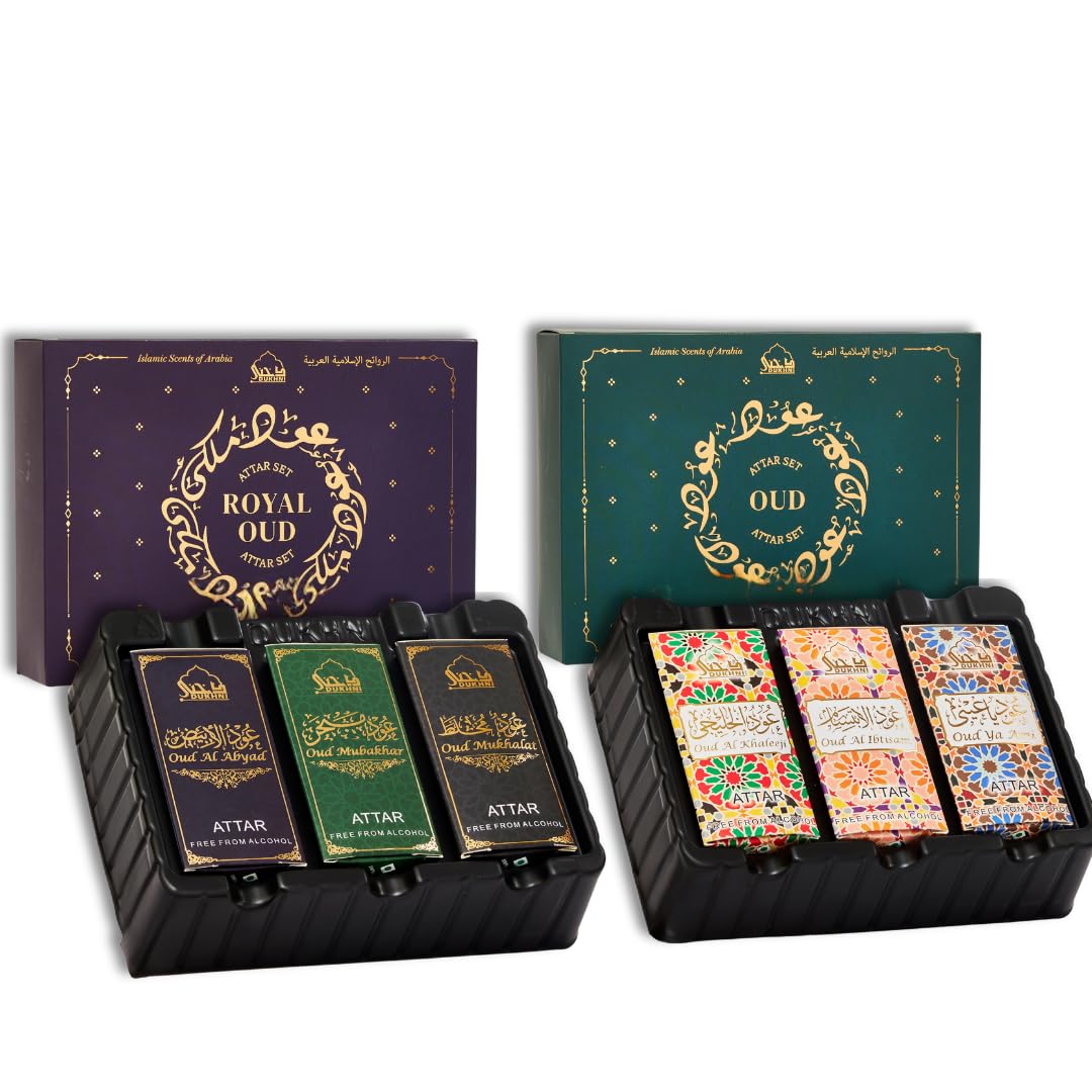 Oud Attar Gift Set - 6 Roll-On Oils, 2 Sets x 3 Scents, 6 ml Each, Alcohol-Free