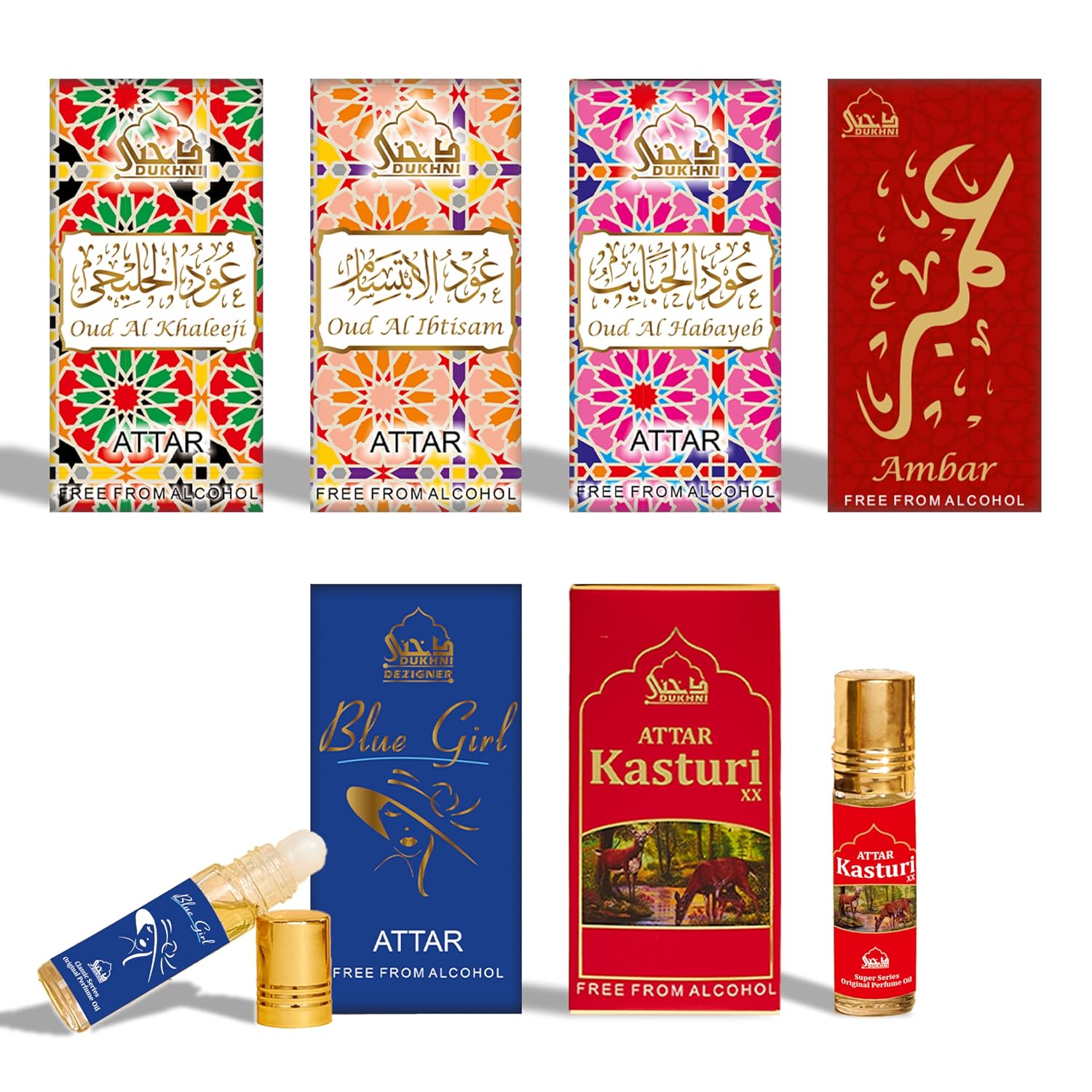 Assorted Attar Oil Set - 6 x 6 ml Travel Roll-On Perfume Oils, Alcohol-Free